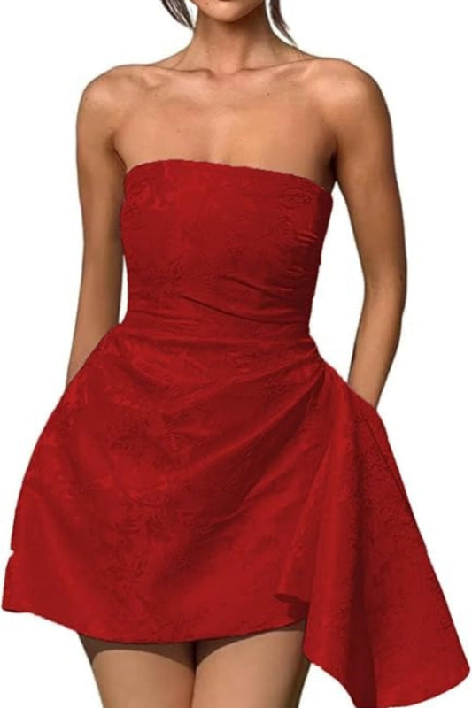 Glamorous Ruched Satin Short Cocktail Dresses Strapless Homecoming Dresses with Pocket