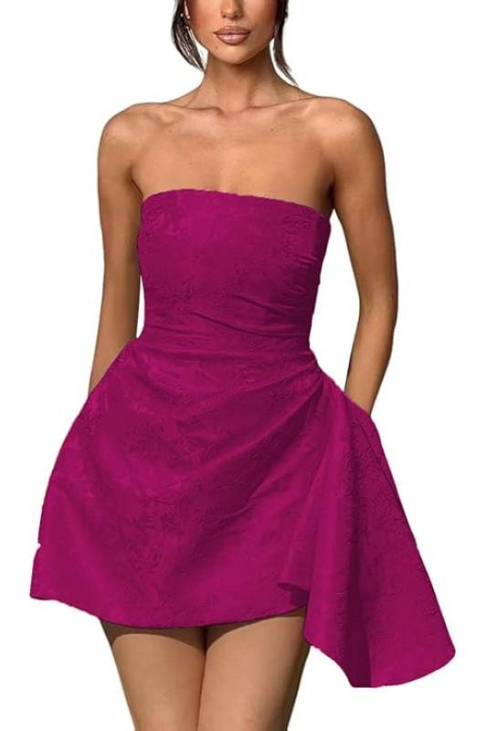 Glamorous Ruched Satin Short Cocktail Dresses Strapless Homecoming Dresses with Pocket