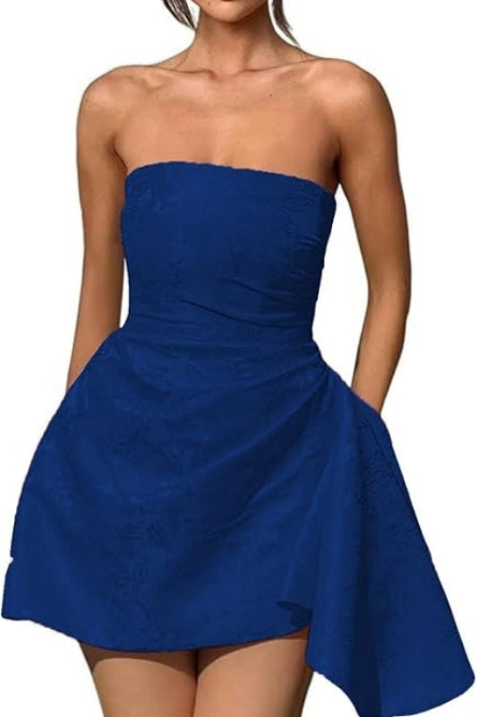 Glamorous Ruched Satin Short Cocktail Dresses Strapless Homecoming Dresses with Pocket