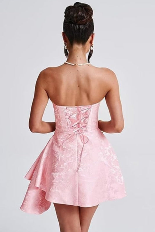 Glamorous Ruched Satin Short Cocktail Dresses Strapless Homecoming Dresses with Pocket