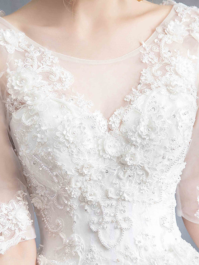 Glamorous See-Through Ball Gown Wedding Dress Scoop Lace Tulle Sequined Half Sleeve Bridal Gowns with Chapel Train