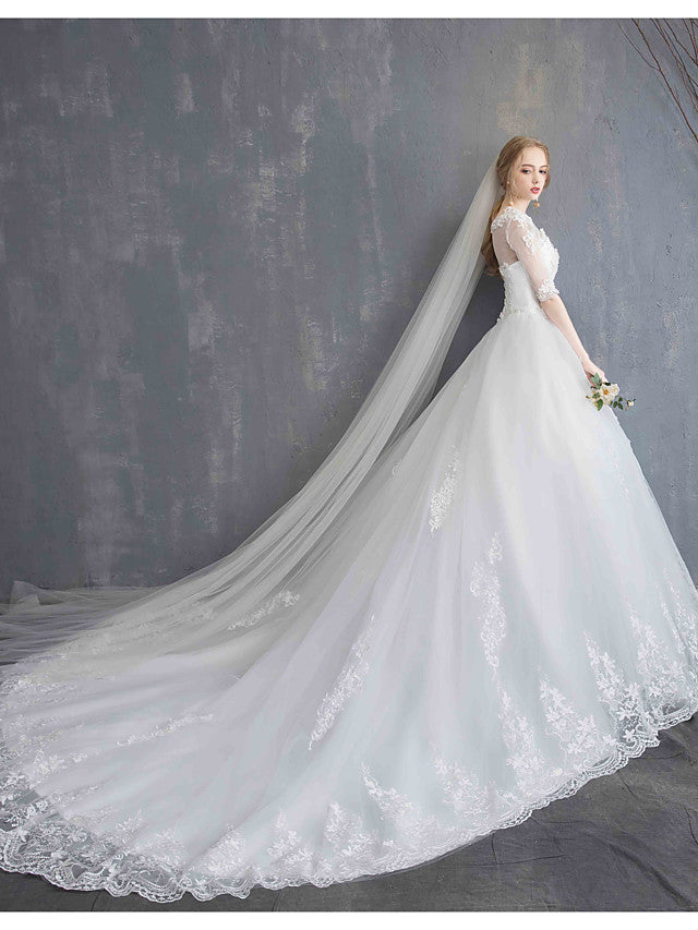 Glamorous See-Through Ball Gown Wedding Dress Scoop Lace Tulle Sequined Half Sleeve Bridal Gowns with Chapel Train