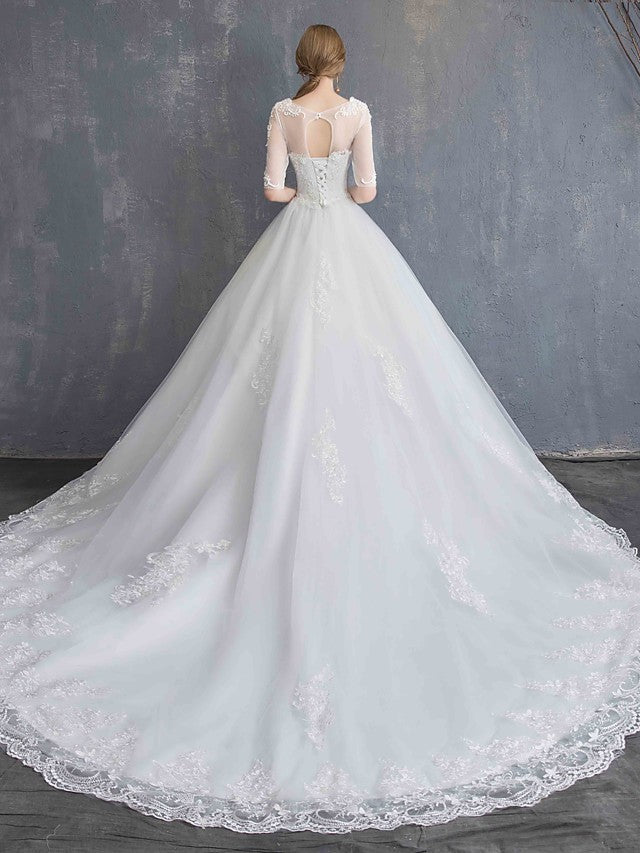 Glamorous See-Through Ball Gown Wedding Dress Scoop Lace Tulle Sequined Half Sleeve Bridal Gowns with Chapel Train