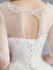 Glamorous See-Through Ball Gown Wedding Dress Scoop Lace Tulle Sequined Half Sleeve Bridal Gowns with Chapel Train