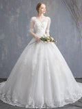 Glamorous See-Through Ball Gown Wedding Dress Scoop Lace Tulle Sequined Half Sleeve Bridal Gowns with Chapel Train