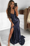 Glamorous Sequins Spaghetti-Straps Evening Gown | Sexy Side-Slit Mermaid Prom Gown