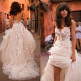 Glamorous Sleeveless Flowers V-Neck Tulle Wedding Dress