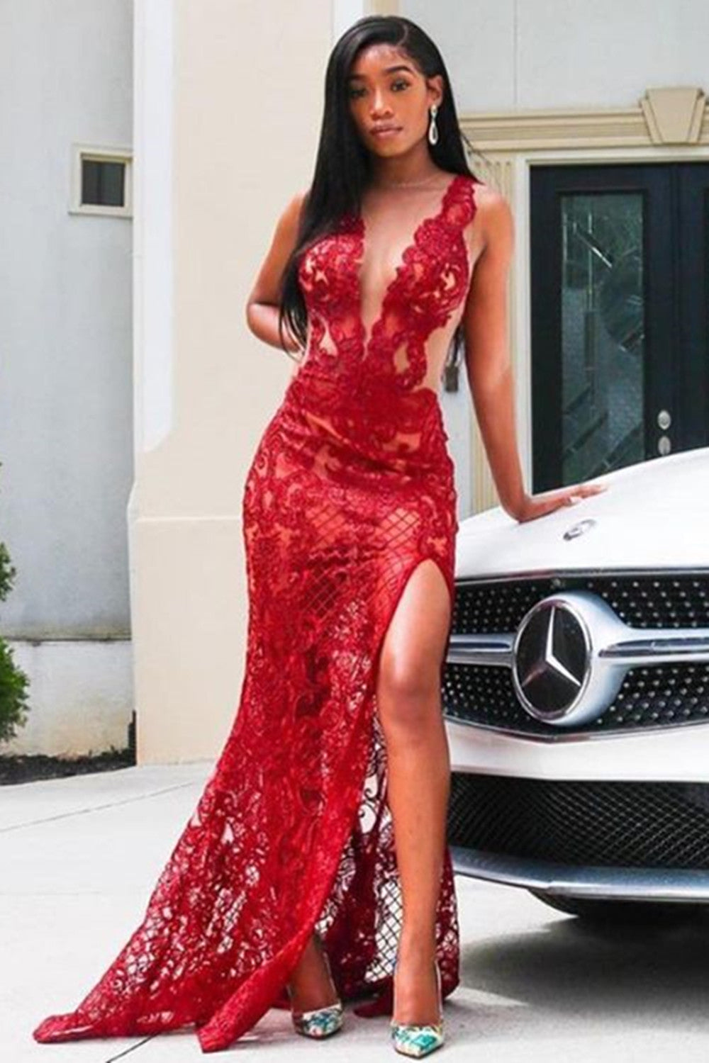 Glamorous Sleeveless Ruby Front-Split Mermaid Prom Dresses With Lace Appliques