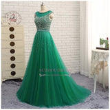 Glamorous Sleeveless Tulle Beaded A-Line Green Scoop Prom Dresses