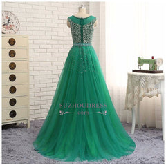 Glamorous Sleeveless Tulle Beaded A-Line Green Scoop Prom Dresses