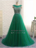 Glamorous Sleeveless Tulle Beaded A-Line Green Scoop Prom Dresses