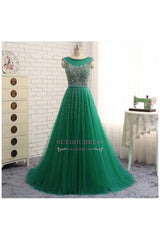 Glamorous Sleeveless Tulle Beaded A-Line Green Scoop Prom Dresses