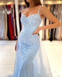 Glamorous Spaghetti-Straps Lace Mermaid Long Evening Prom Dress Sky Blue