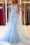 Glamorous Spaghetti-Straps Lace Mermaid Long Evening Prom Dress Sky Blue
