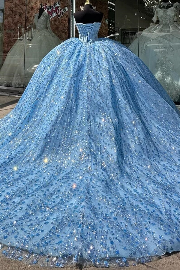 Glamorous & Sparkly Ball Gown Boat Neck Sleeveless Lace Up Sweep Train Beaded Pleated Sequins Lace Appliques Sky Blue Tulle Quinceanera Dress Formal Birthday Party Gown For Sweet 16