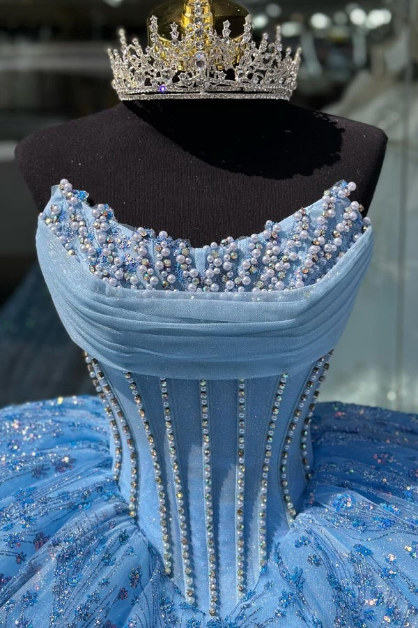 Glamorous & Sparkly Ball Gown Boat Neck Sleeveless Lace Up Sweep Train Beaded Pleated Sequins Lace Appliques Sky Blue Tulle Quinceanera Dress Formal Birthday Party Gown For Sweet 16