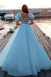 Glamorous Tulle Lake Blue Sequins Mermaid Prom Dresses With Detachable Skirt