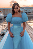 Glamorous Tulle Lake Blue Sequins Mermaid Prom Dresses With Detachable Skirt