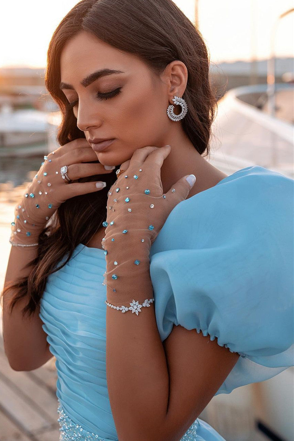 Glamorous Tulle Lake Blue Sequins Mermaid Prom Dresses With Detachable Skirt