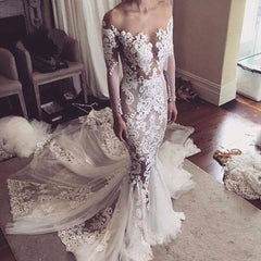 Glamorous Tulle Sexy Appliques Mermaid Long-Sleeves Wedding Dress
