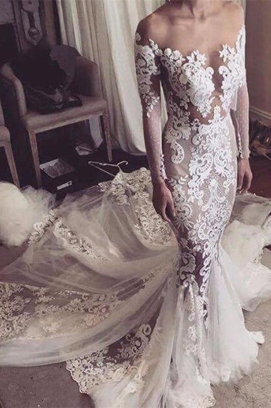 Glamorous Tulle Sexy Appliques Mermaid Long-Sleeves Wedding Dress