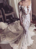 Glamorous Tulle Sexy Appliques Mermaid Long-Sleeves Wedding Dress