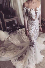 Glamorous Tulle Sexy Appliques Mermaid Long-Sleeves Wedding Dress