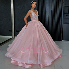 Glamorous V-Neck Ball Gown Sleeveless Prom Dresses | Appliques Evening Gown On Sale