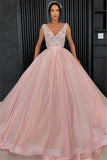 Glamorous V-Neck Ball Gown Sleeveless Prom Dresses | Appliques Evening Gown On Sale