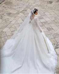 Glamorous V-Neck Long Sleeves A-line Princess Bridal Dress with Sweep Train