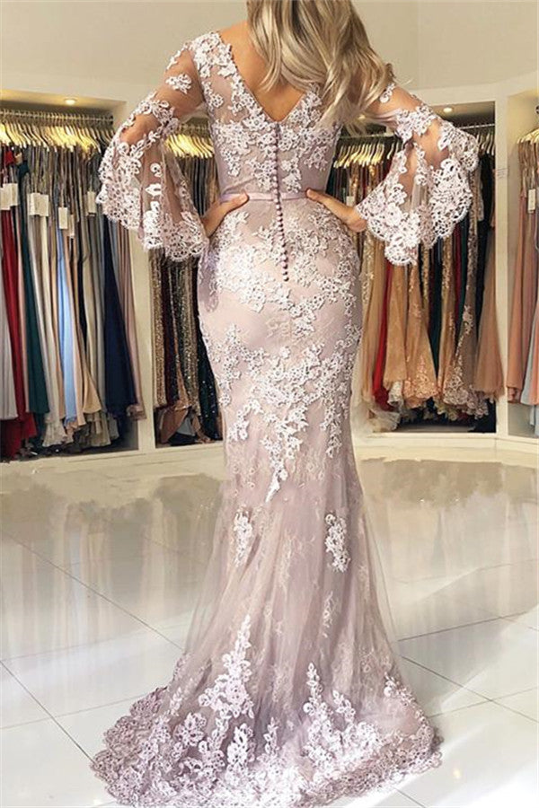 Glamorous V-Neck Mermaid Long Evening Dress | Lace Appliques Evening Dresses with Sleeves