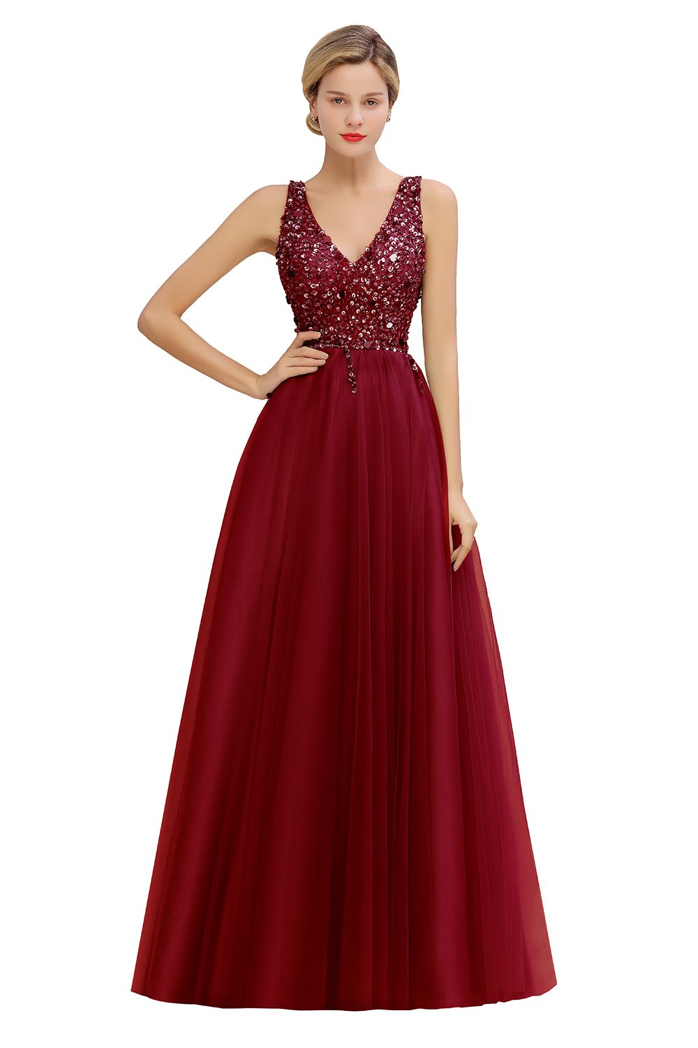 Glamorous V-Neck Sleeveless Prom Dress | Long Tulle Evening Gowns With Crystals