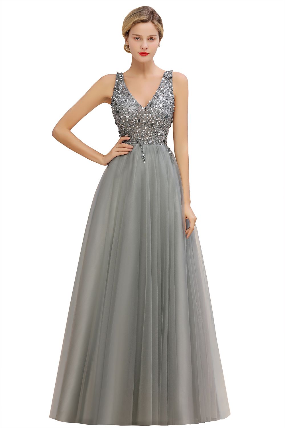 Glamorous V-Neck Sleeveless Prom Dress | Long Tulle Evening Gowns With Crystals
