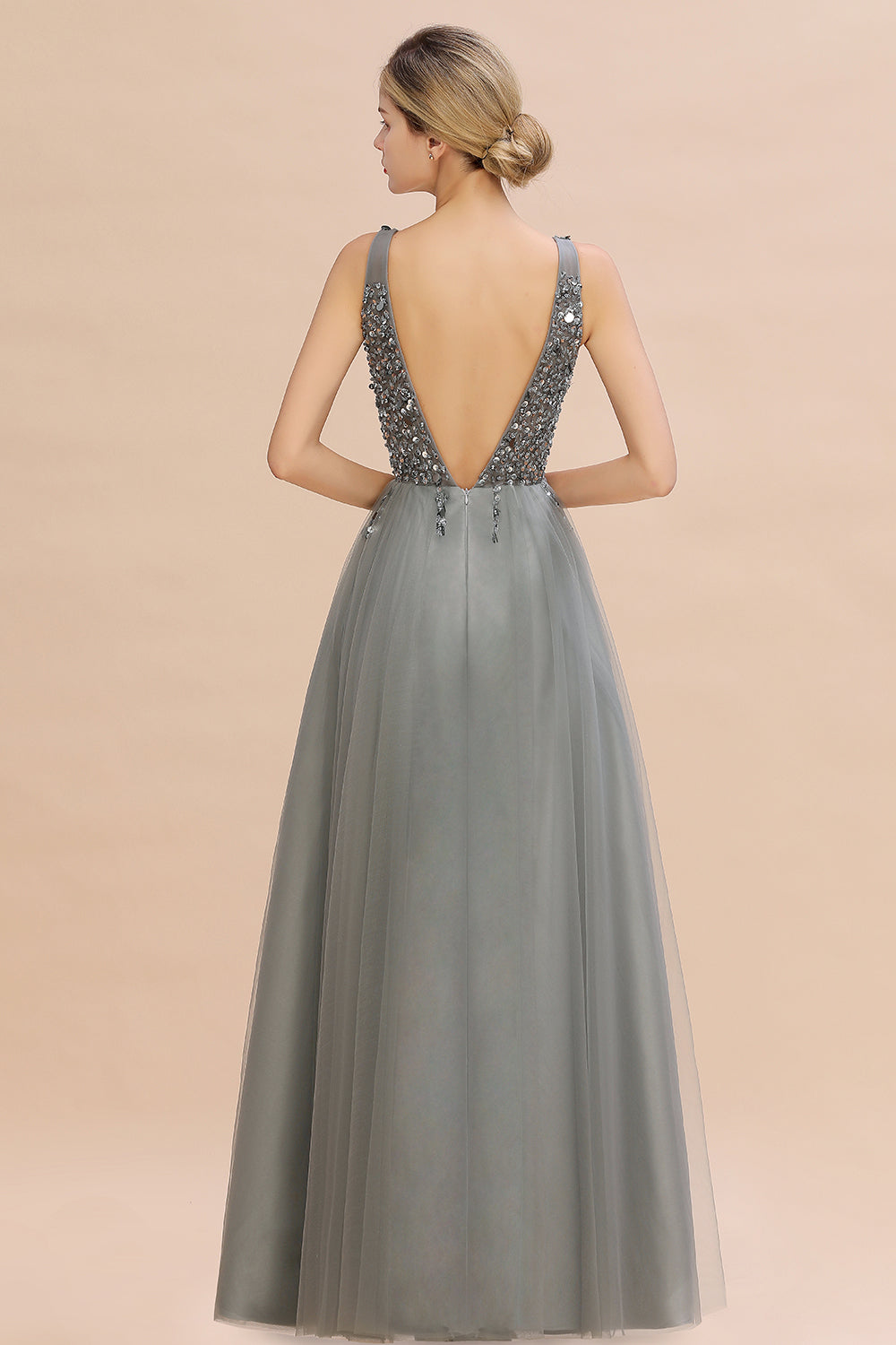 Glamorous V-Neck Sleeveless Prom Dress | Long Tulle Evening Gowns With Crystals