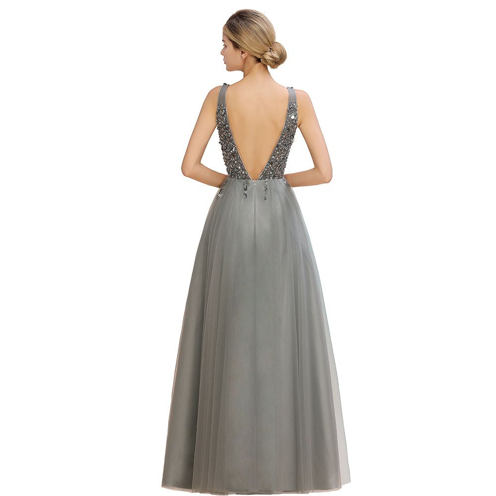 Glamorous V-Neck Sleeveless Prom Dress | Long Tulle Evening Gowns With Crystals