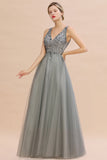 Glamorous V-Neck Sleeveless Prom Dress | Long Tulle Evening Gowns With Crystals