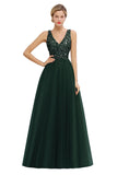 Glamorous V-Neck Sleeveless Prom Dress | Long Tulle Evening Gowns With Crystals