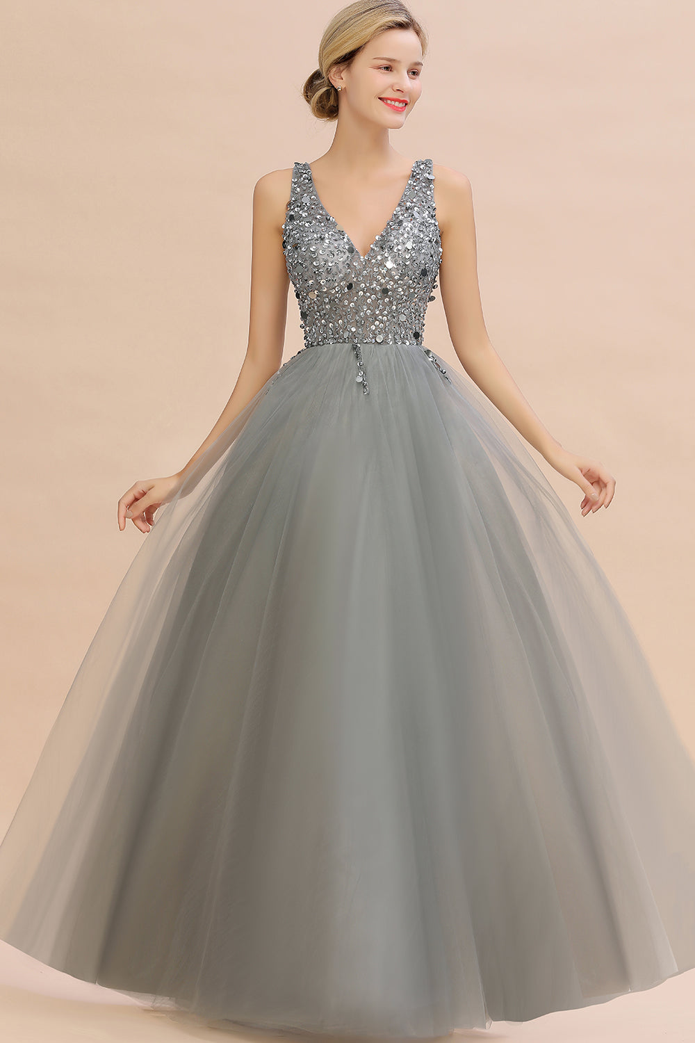 Glamorous V-Neck Sleeveless Prom Dress | Long Tulle Evening Gowns With Crystals