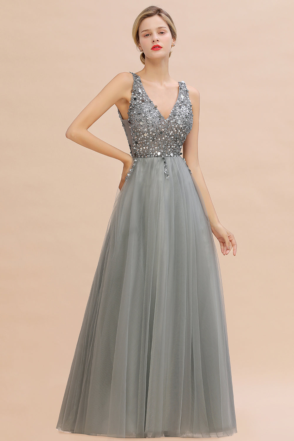 Glamorous V-Neck Sleeveless Prom Dress | Long Tulle Evening Gowns With Crystals