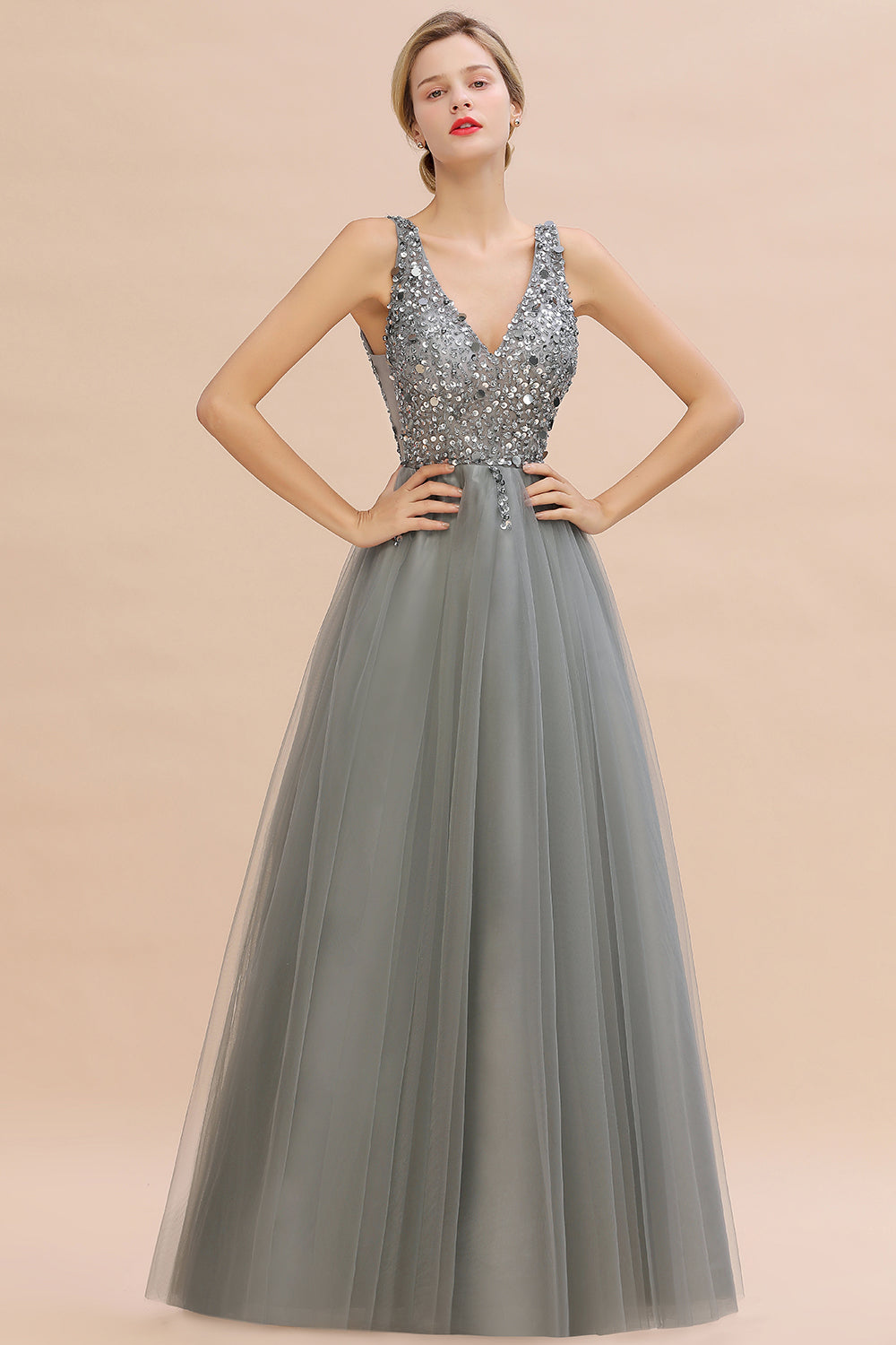 Glamorous V-Neck Sleeveless Prom Dress | Long Tulle Evening Gowns With Crystals