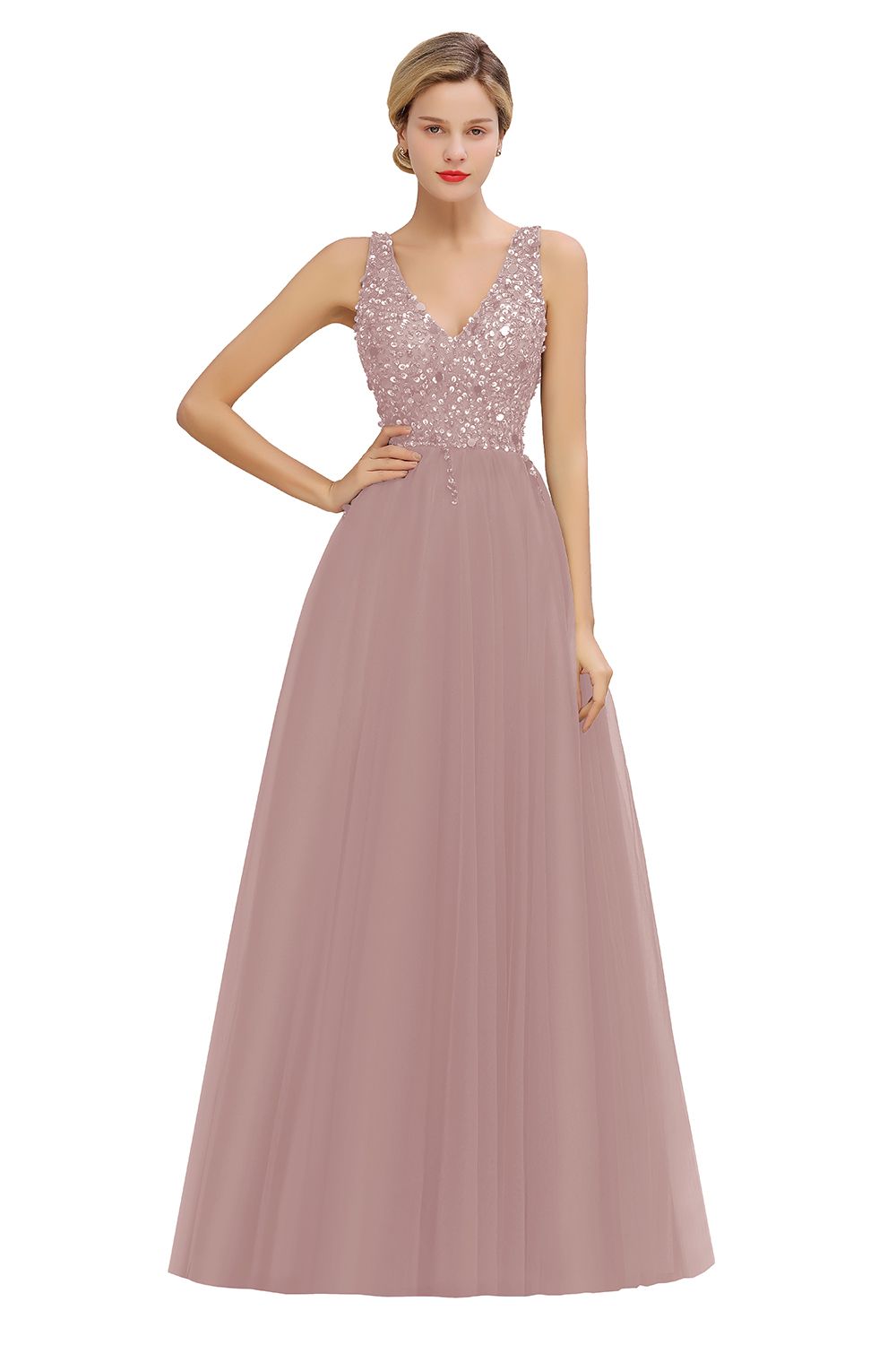 Glamorous V-Neck Sleeveless Prom Dress | Long Tulle Evening Gowns With Crystals