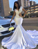 Glamorous White V-Neck Sleeveless Long Prom Dresses | Rhinestone Mermaid Evening Gown BC0692
