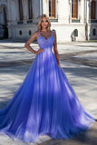 Glamourous Sleeveless Tulle Purple Zipper Prom Dresses Long