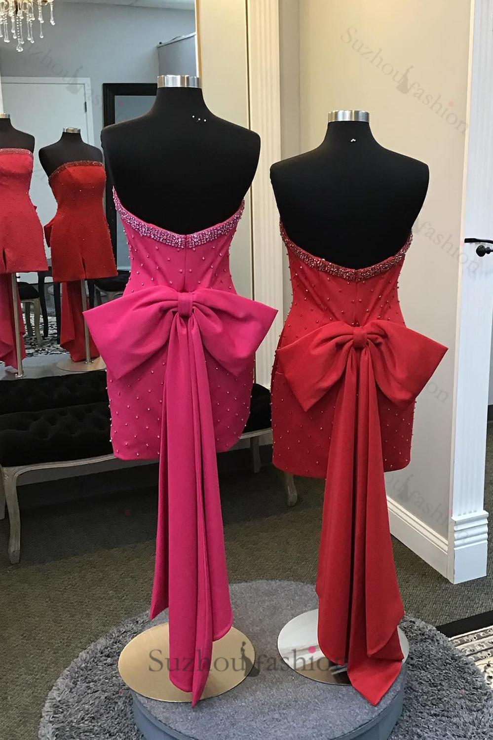 Glitter Black Homecoming Dresses Beaded Strapless Tight Short Cocktail Dresses With Bow