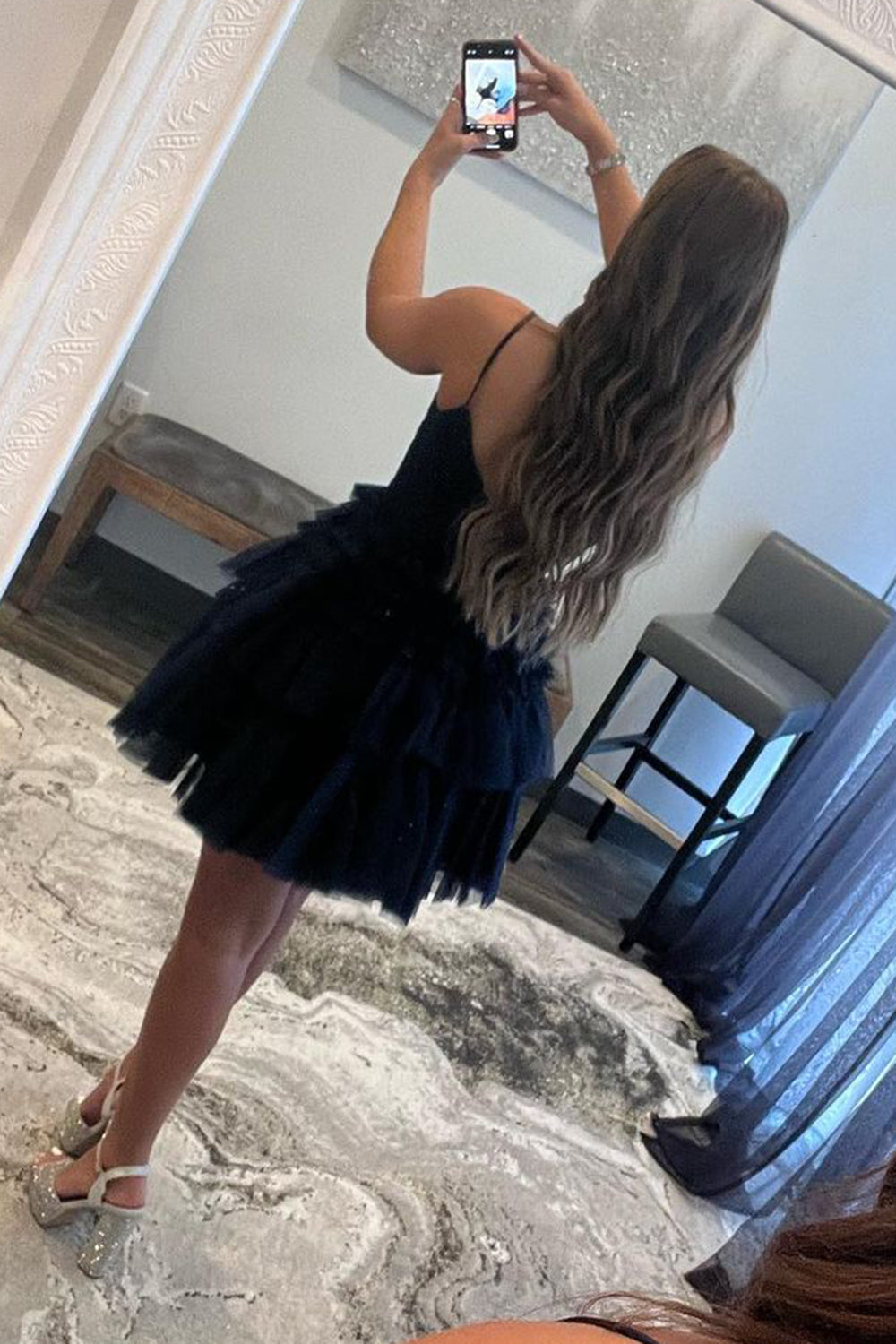 Glitter Blue Homecoming Dresses A-Line Tulle Tiered Short Cocktail Dresses