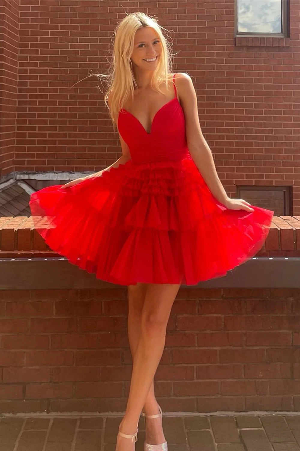 Glitter Blue Homecoming Dresses A-Line Tulle Tiered Short Cocktail Dresses