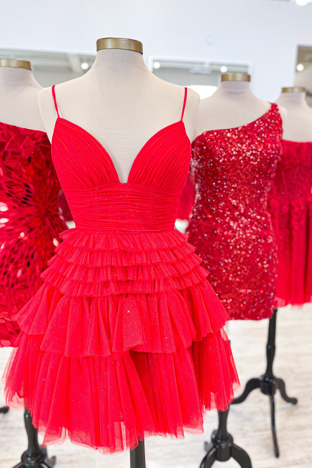 Glitter Blue Homecoming Dresses A-Line Tulle Tiered Short Cocktail Dresses