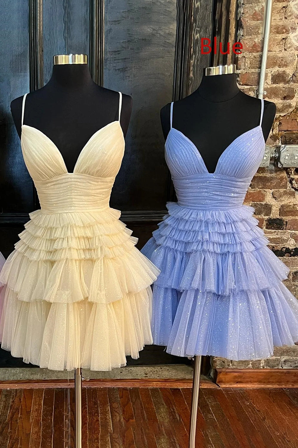 Glitter Blue Homecoming Dresses A-Line Tulle Tiered Short Cocktail Dresses
