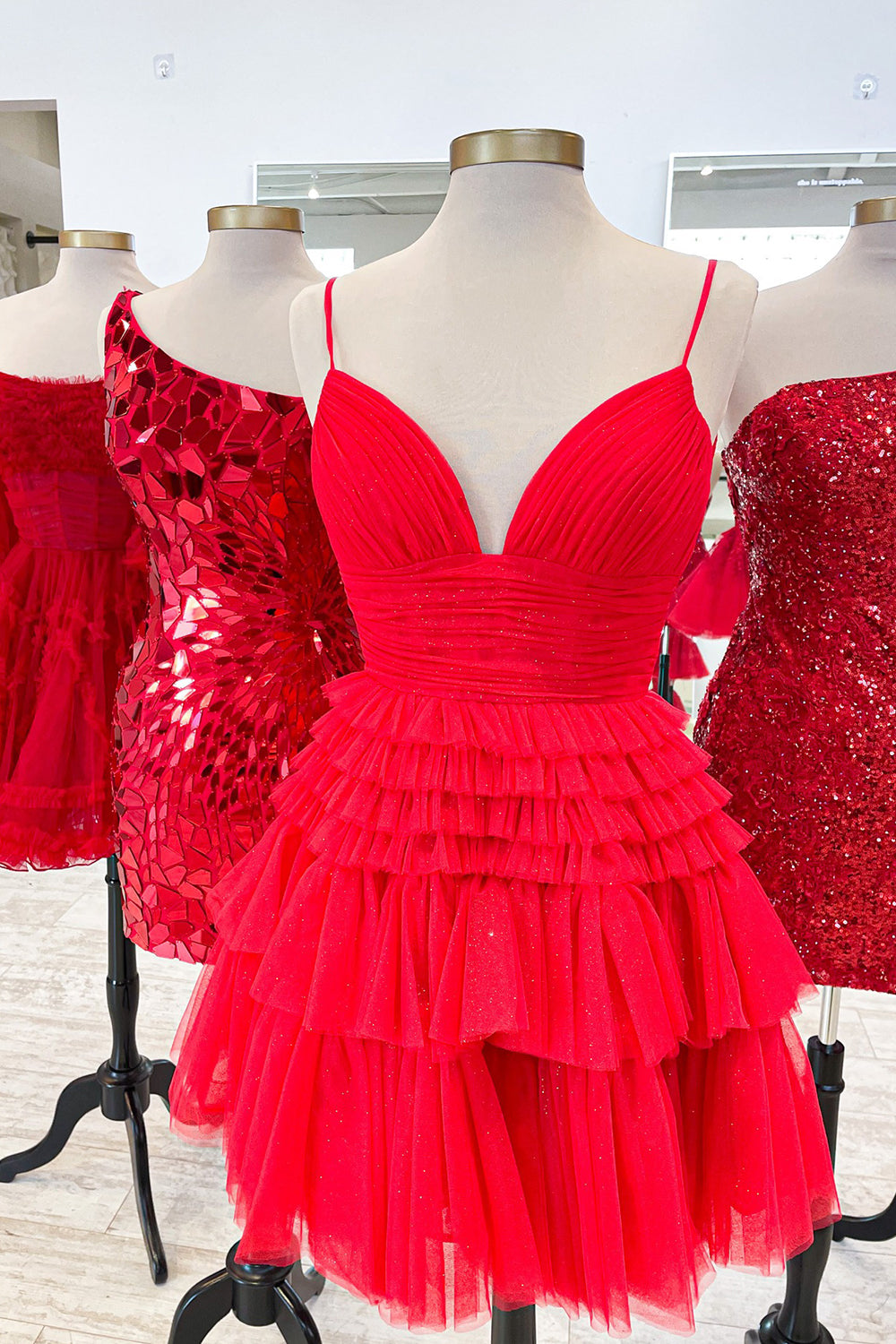 Glitter Blue Homecoming Dresses A-Line Tulle Tiered Short Cocktail Dresses