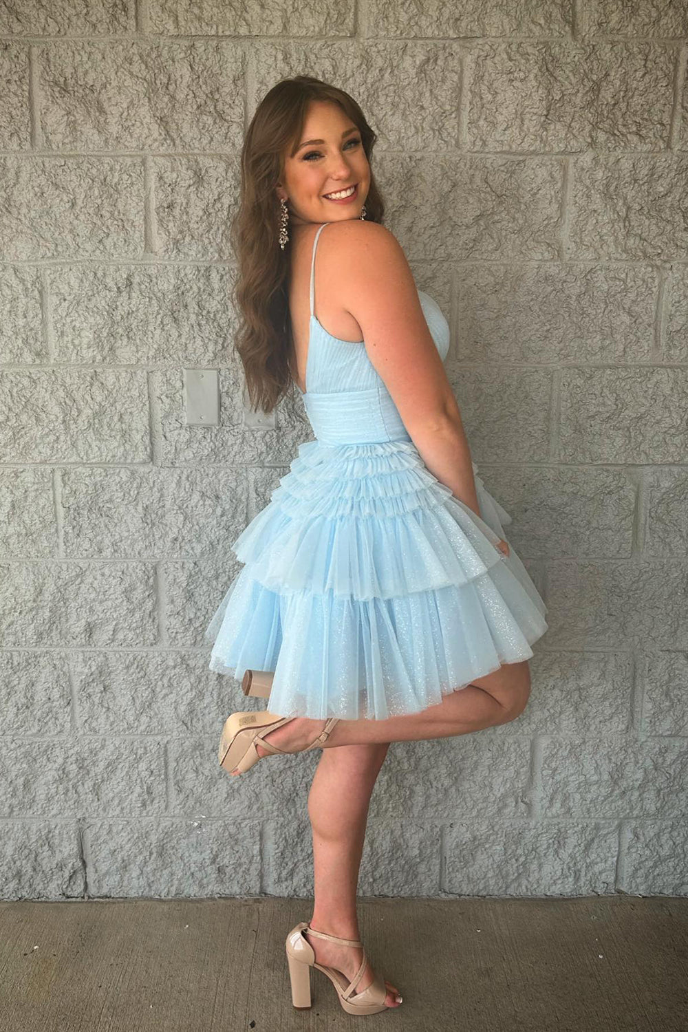Glitter Blue Homecoming Dresses A-Line Tulle Tiered Short Cocktail Dresses